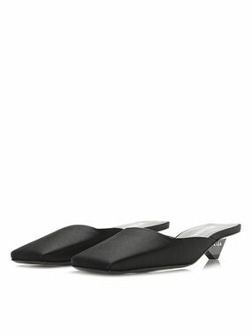 PRADA Satin Triangle Heel Mules Black Square Toe Kitten Heel IT 40 US 10 Slides